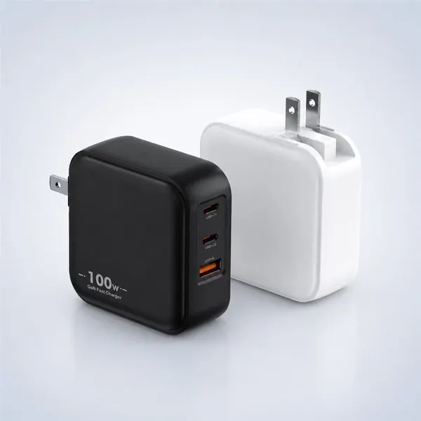 MB 100W GaN charger with two USB-C and one USB-A port