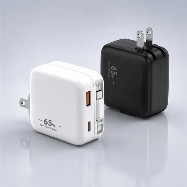 RJ502 65W GaN charger with built-in USB-C cable, black and white