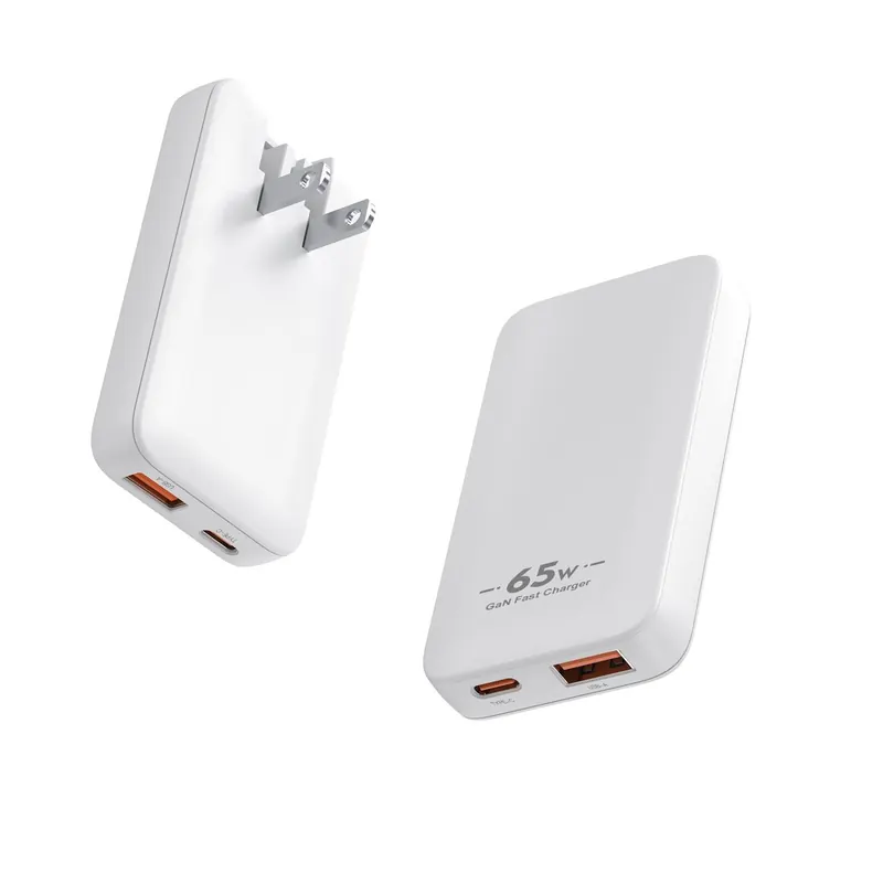 CB 65W ultra-thin GaN charger version II in white with US folding plug, plain face and USB-C plus USB-A ports