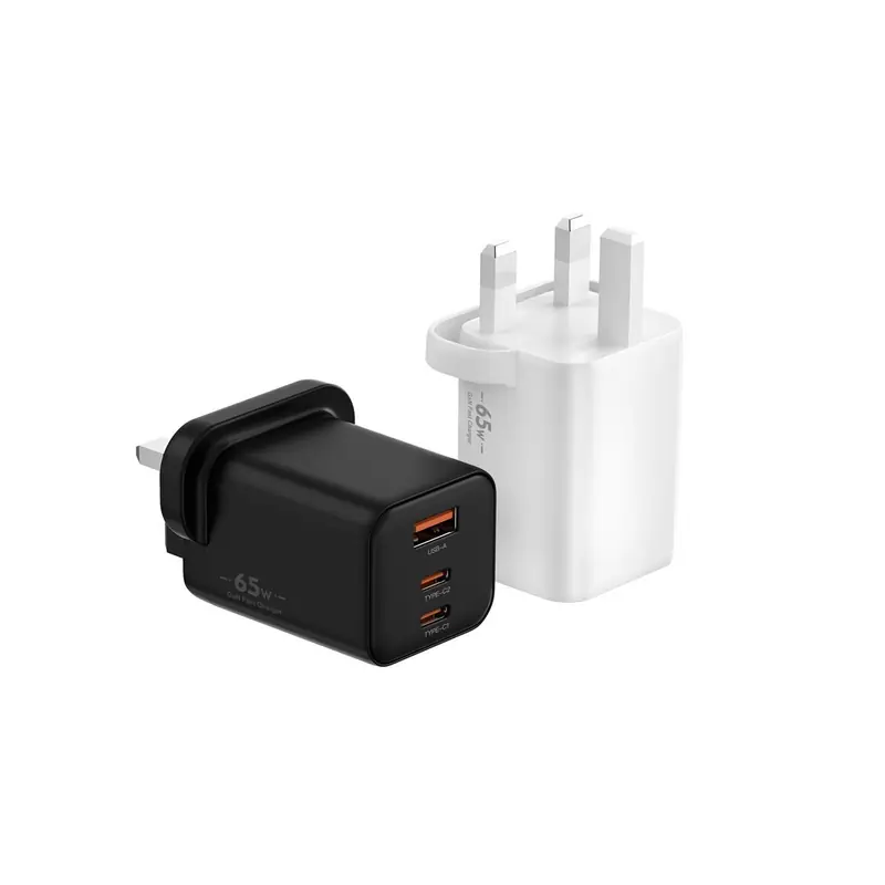 BK 65W lipstick GaN charger with UK plug and two USB-C ports and one USB-A port, in black and white