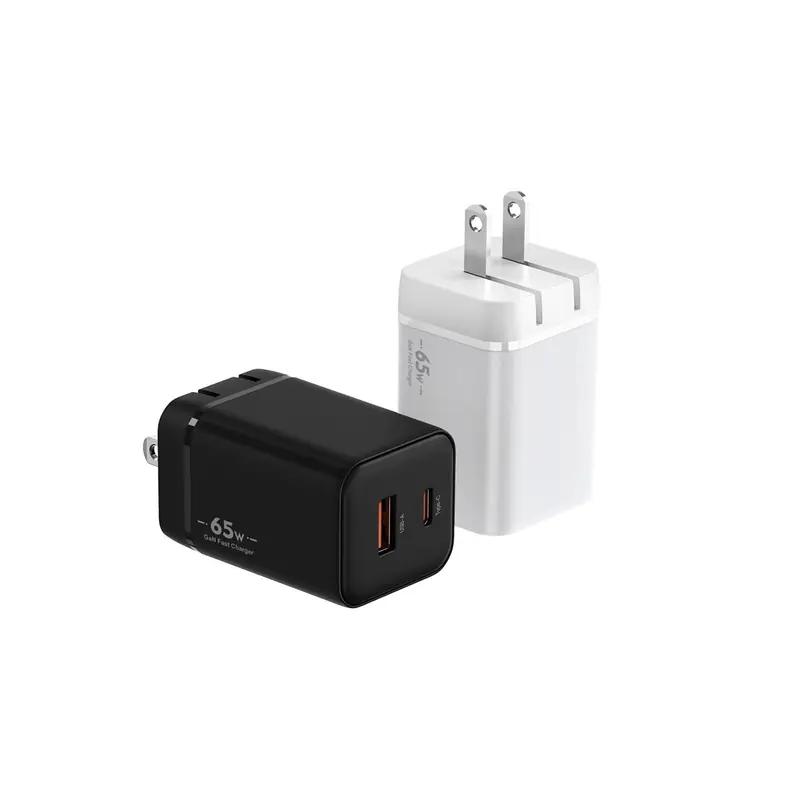 BK 65W lipstick GaN charger with US plug and USB-C and USB-A ports, in black and white
