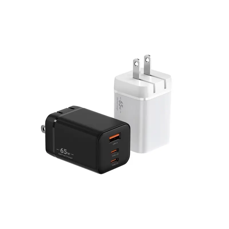 BK 65W lipstick GaN charger with US plug and two USB-C ports and one USB-A port, in black and white