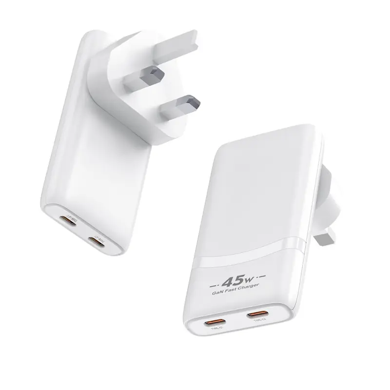 CB 45W ultra-thin GaN charger with UK plug and two USB-C ports, in white