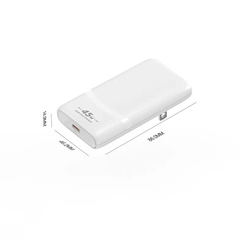 CB 45W ultra-thin GaN charger dimensions drawing, one USB-C port, US plug