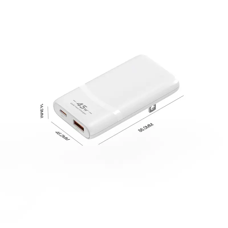 CB 45W ultra-thin GaN charger dimensions drawing, USB-C and USB-A ports, US plug