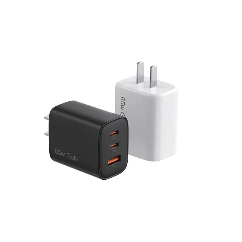 FB 65W GaN charger with CN plug and two USB-C ports and one USB-A port, in black and white