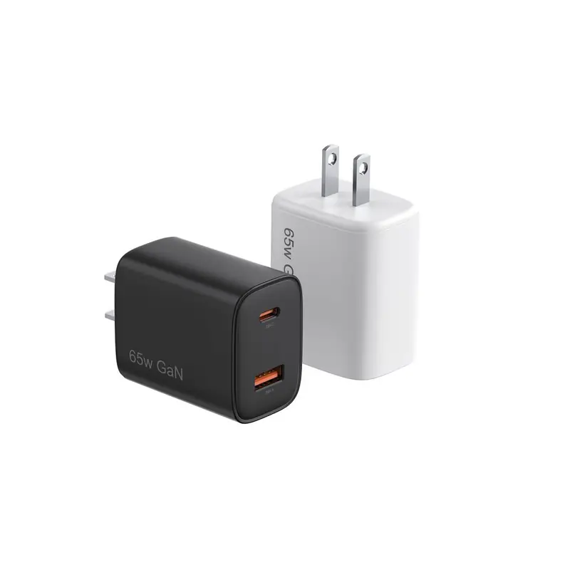 FB 65W GaN charger with US plug and USB-C and USB-A ports, in black and white