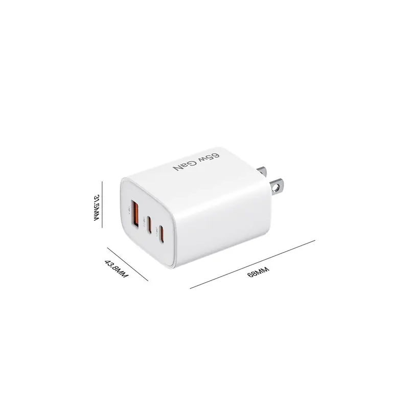 FB 65W GaN charger dimensions drawing, two USB-C ports and one USB-A port, US plug