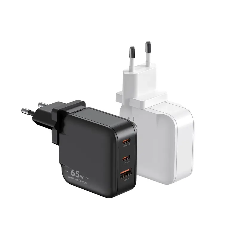 HK 65W GaN charger with EU plug and two USB-C ports and one USB-A port, in black and white