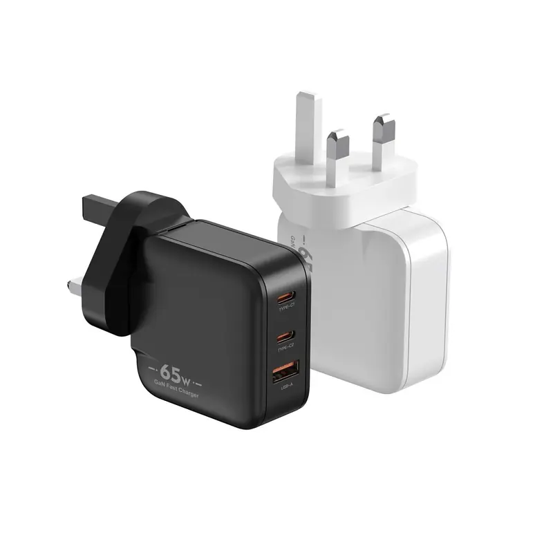 HK 65W GaN charger with UK plug and two USB-C ports and one USB-A port, in black and white