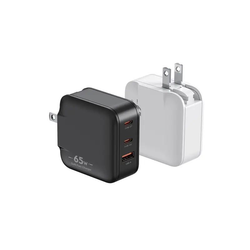 HK 65W GaN charger with US plug and two USB-C ports and one USB-A port, in black and white
