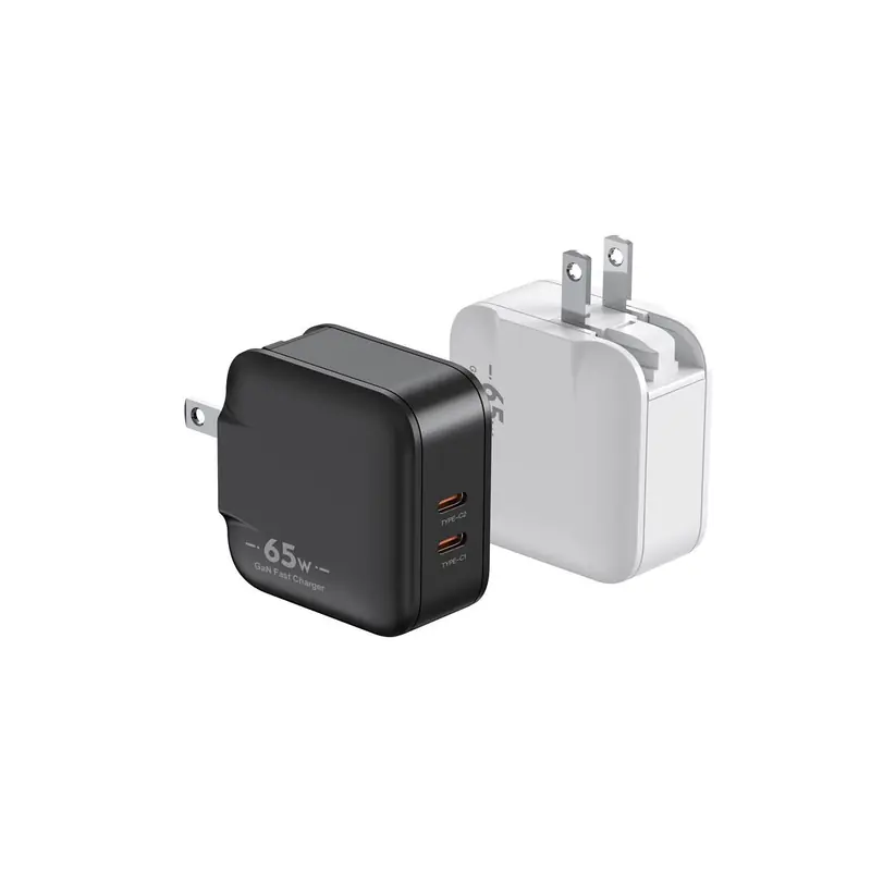 HK 65W GaN charger with US plug and two USB-C ports, in black and white
