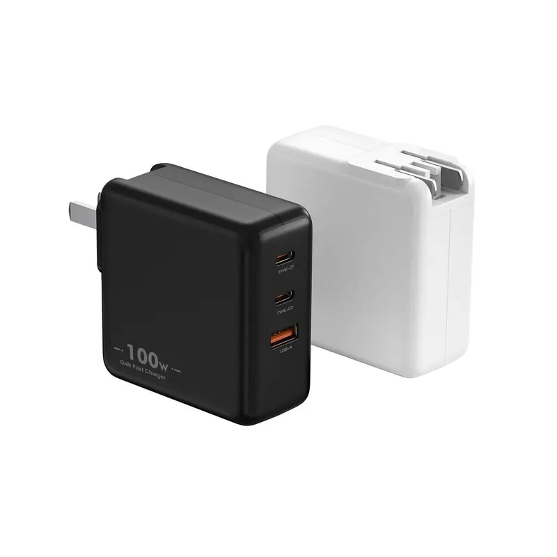MB 100W GaN charger with CN plug and two USB-C ports and one USB-A port, in black and white