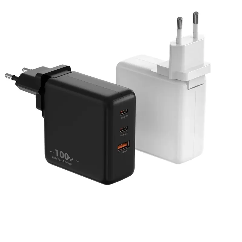 MB 100W GaN charger with EU plug and two USB-C ports and one USB-A port, in black and white