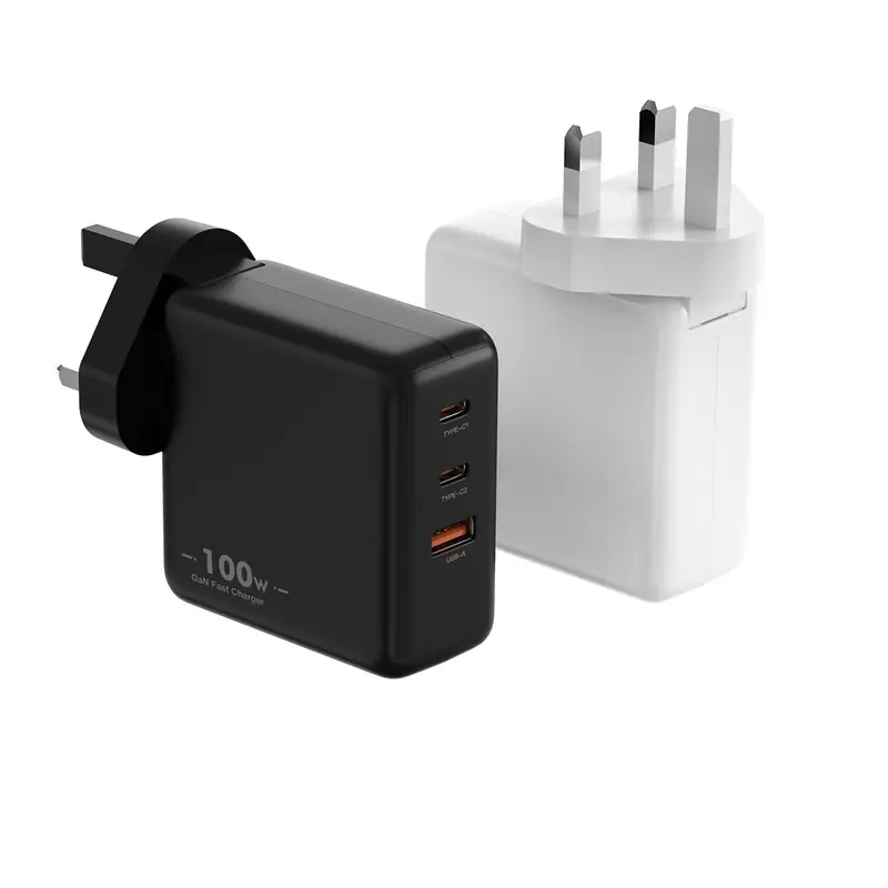 MB 100W GaN charger with UK plug and two USB-C ports and one USB-A port, in black and white