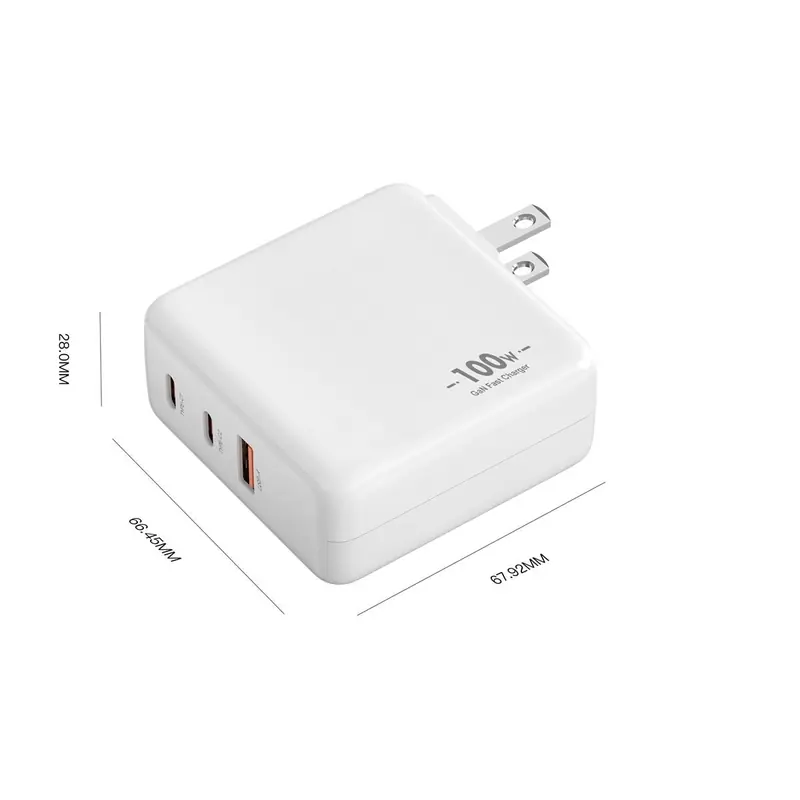 MB 100W GaN charger dimensions drawing, two USB-C ports and one USB-A port, US plug