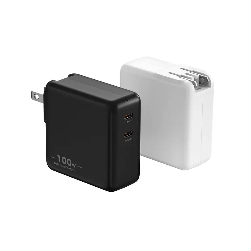 MB 100W GaN charger with US plug and two USB-C ports, in black and white