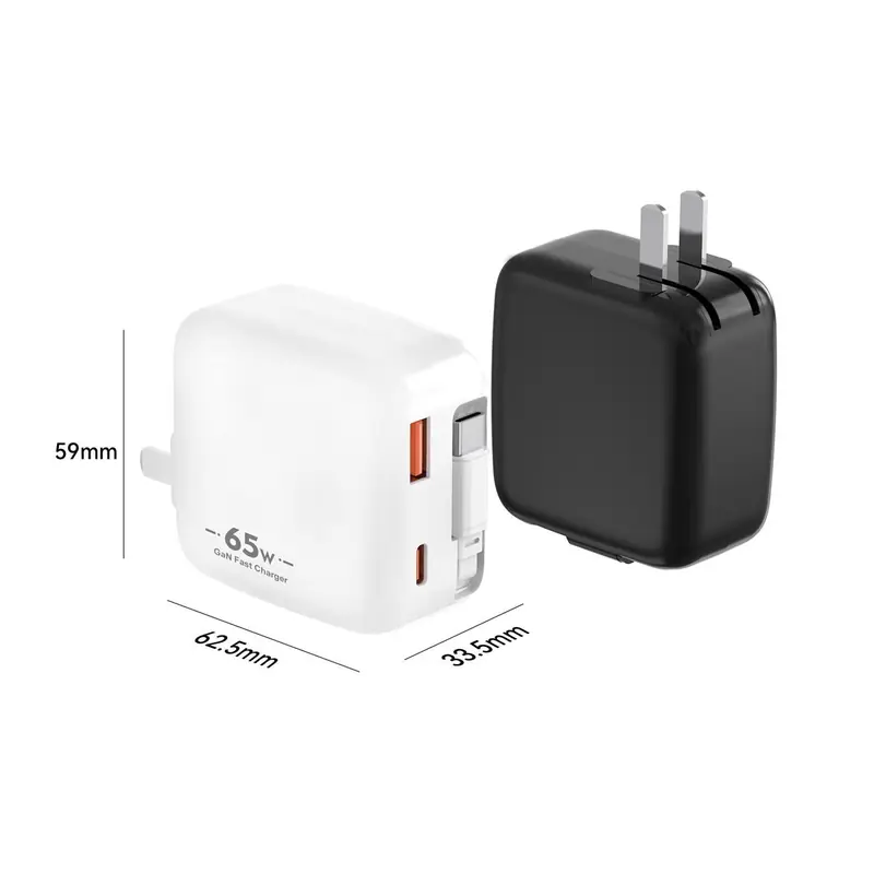 RJ502 65W GaN charger with CN plug and a built-in USB-C cable plus USB-C and USB-A ports, shown with its dimensions