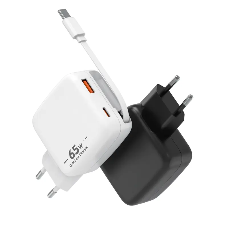 RJ502 65W GaN charger with EU plug and a built-in USB-C cable plus USB-C and USB-A ports, in black and white