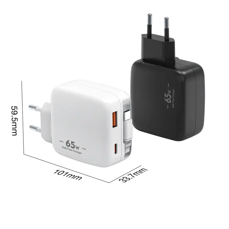 RJ502 65W GaN charger with EU plug and a built-in USB-C cable plus USB-C and USB-A ports, shown with its dimensions