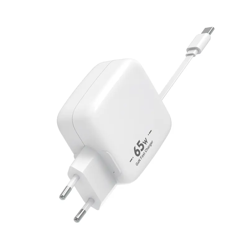 RJ502 65W GaN charger with EU plug and a built-in USB-C cable plus USB-C and USB-A ports, in white
