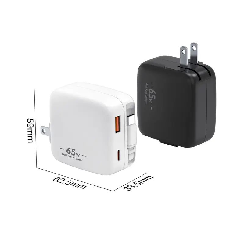 RJ502 65W GaN charger with US plug and a built-in USB-C cable plus USB-C and USB-A ports, shown with its dimensions