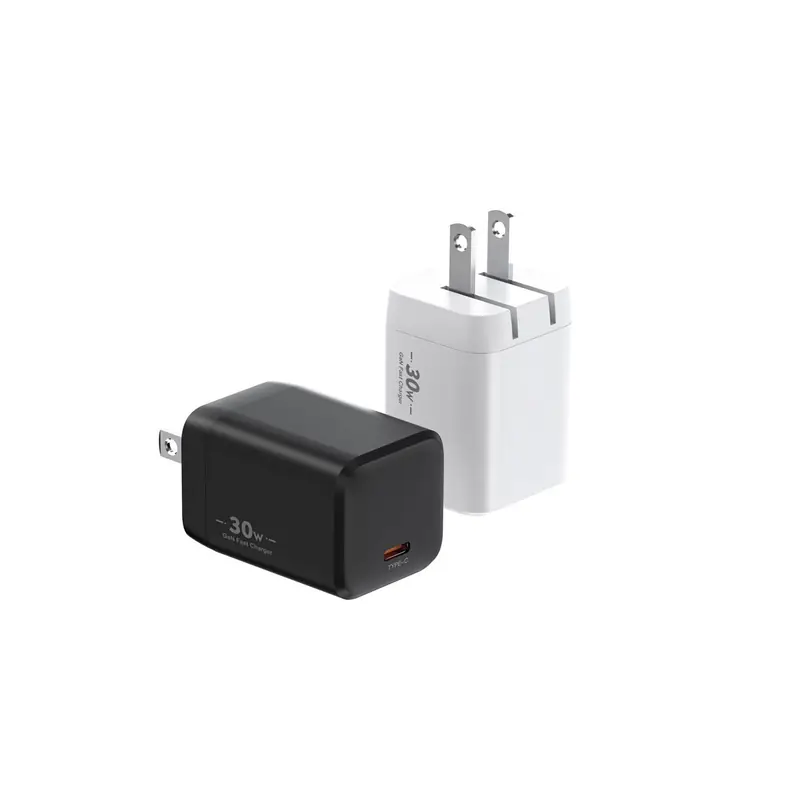 XFC 30W GaN charger with US plug and one USB-C port, in black and white