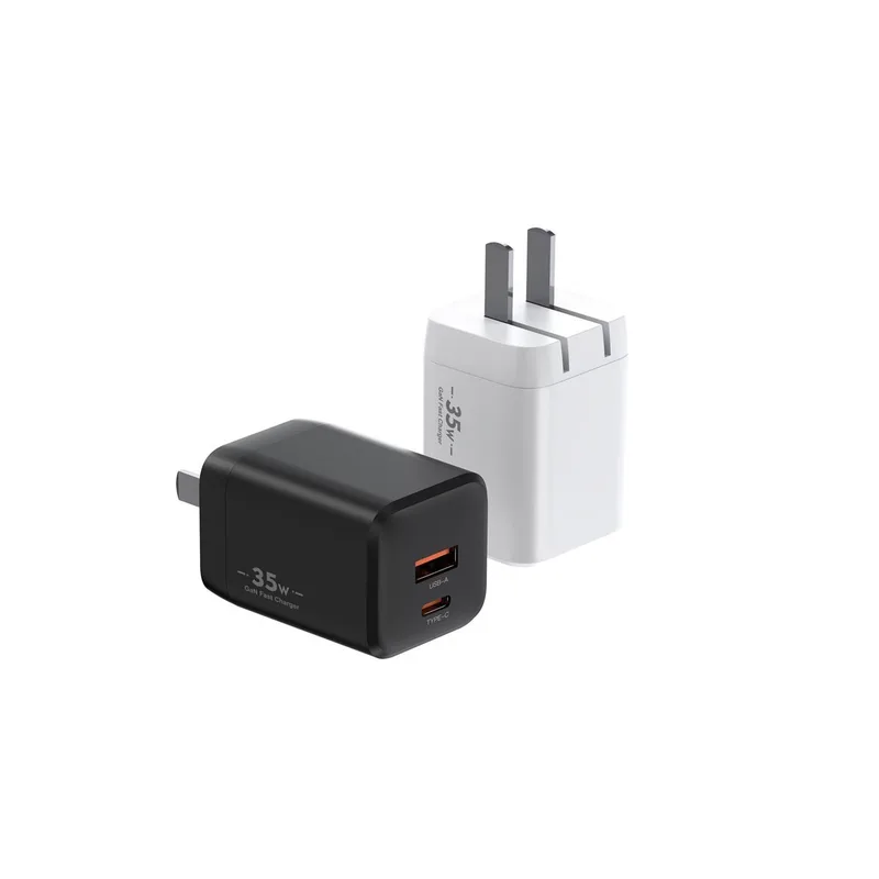 XFC 35W GaN charger with CN plug and USB-C and USB-A ports, in black and white