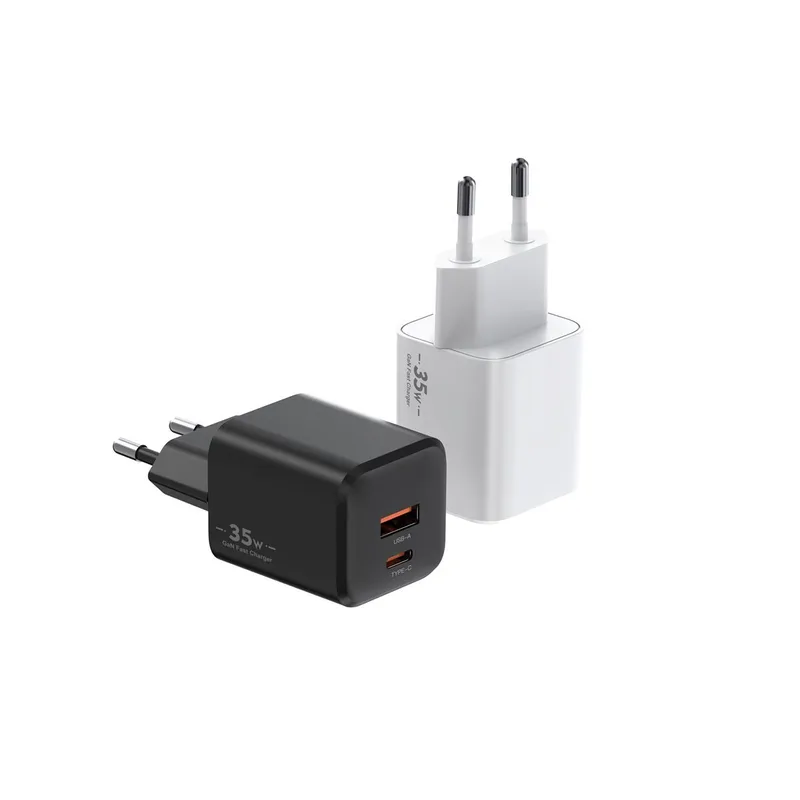 XFC 35W GaN charger with EU plug and USB-C and USB-A ports, in black and white