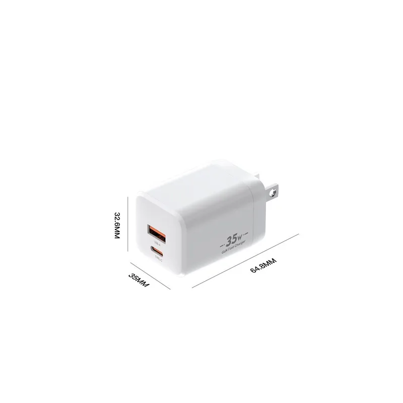 XFC 35W GaN charger dimensions drawing, USB-C and USB-A ports, US plug