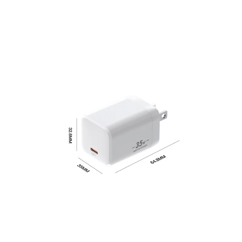 XFC 35W GaN charger dimensions drawing, one USB-C port, US plug