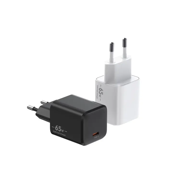 XFC 65W GaN charger with EU plug and one USB-C port, in black and white