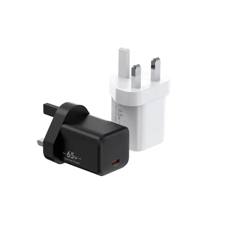 XFC 65W GaN charger with UK plug and one USB-C port, in black and white