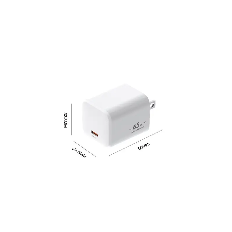 XFC 65W GaN charger dimensions drawing, one USB-C port, US plug