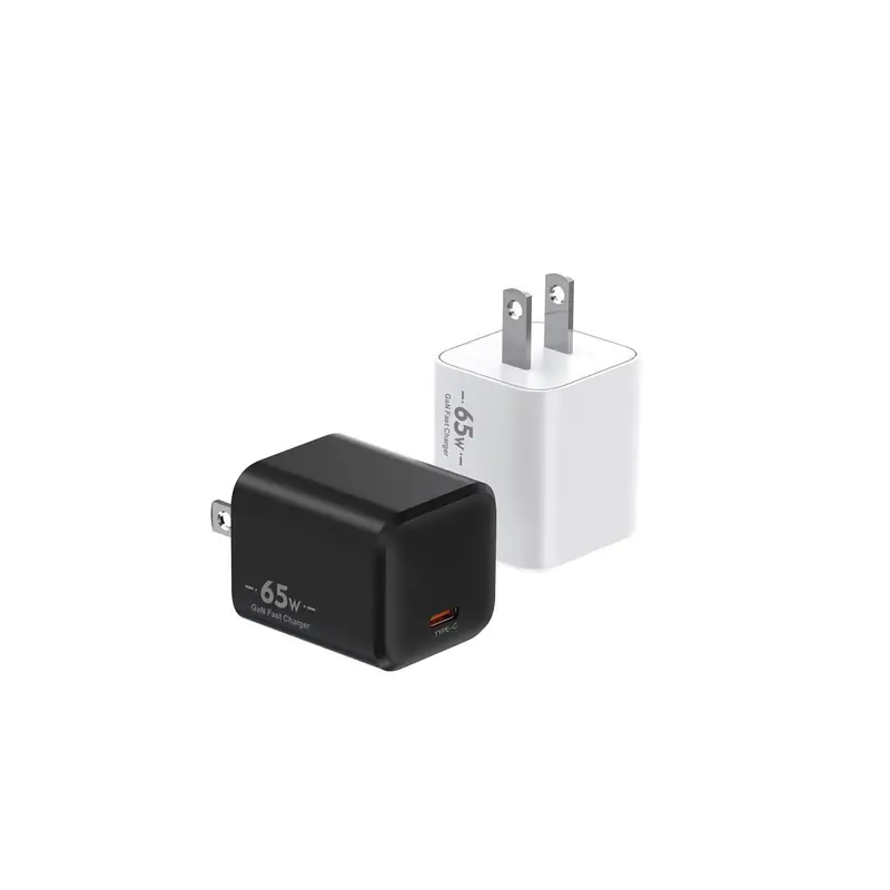 XFC 65W GaN charger with US plug and one USB-C port, in black and white