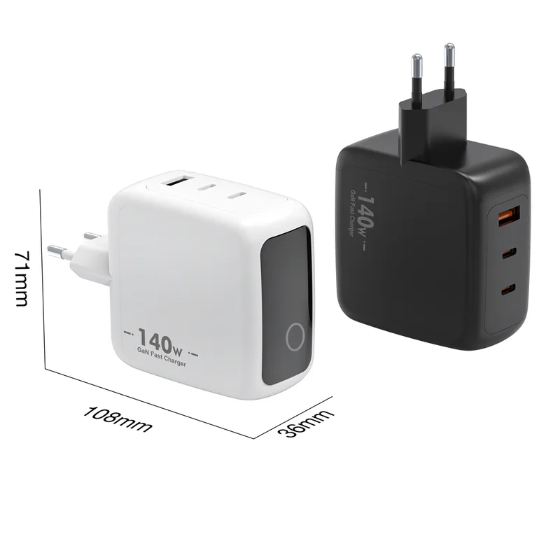 ZC504 140W GaN charger with EU plug, showing ports and display, with dimensions