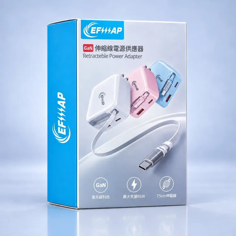 Blue matte non-UV retail box showing white, pink and blue custom-colour GaN chargers